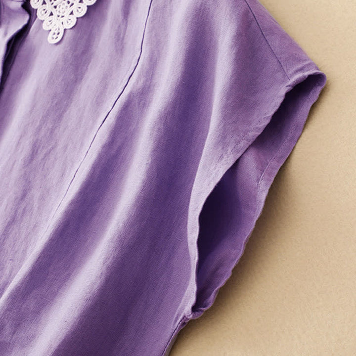 Buddha Stones Summer Hollow Lace Design Lapel Sleeveless Cotton Midi Dress With Pockets - image 7