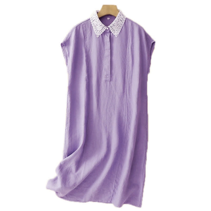 Buddha Stones Summer Hollow Lace Design Lapel Sleeveless Cotton Midi Dress With Pockets - image 12