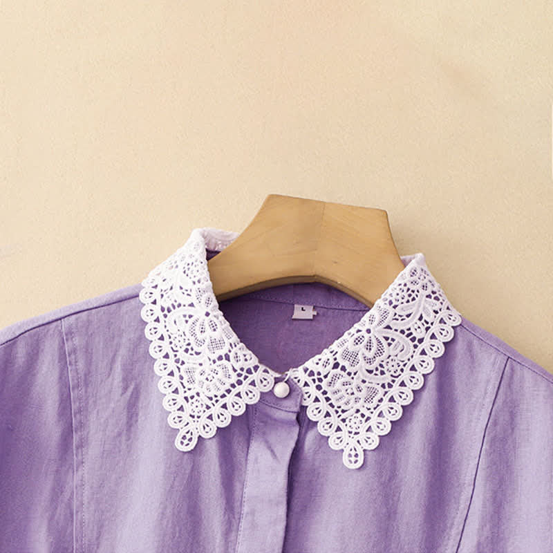 Buddha Stones Summer Hollow Lace Design Lapel Sleeveless Cotton Midi Dress With Pockets - image 5