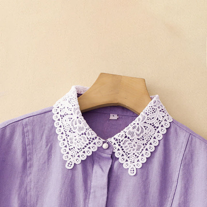 Buddha Stones Summer Hollow Lace Design Lapel Sleeveless Cotton Midi Dress With Pockets - image 5