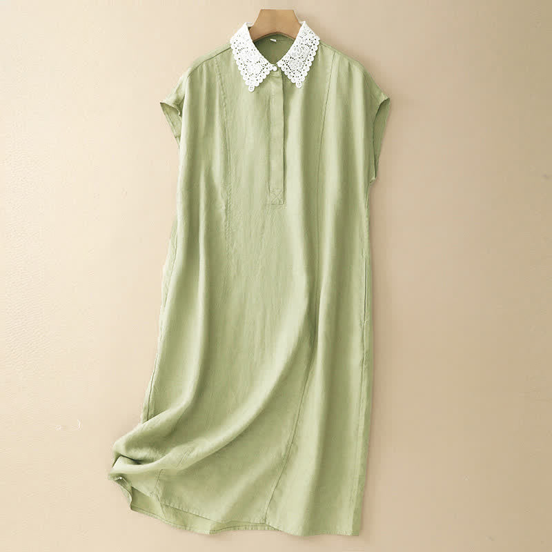 Buddha Stones Summer Hollow Lace Design Lapel Sleeveless Cotton Midi Dress With Pockets - YellowGreen - US14，UK/AU18，EU46 (2XL) - image 18