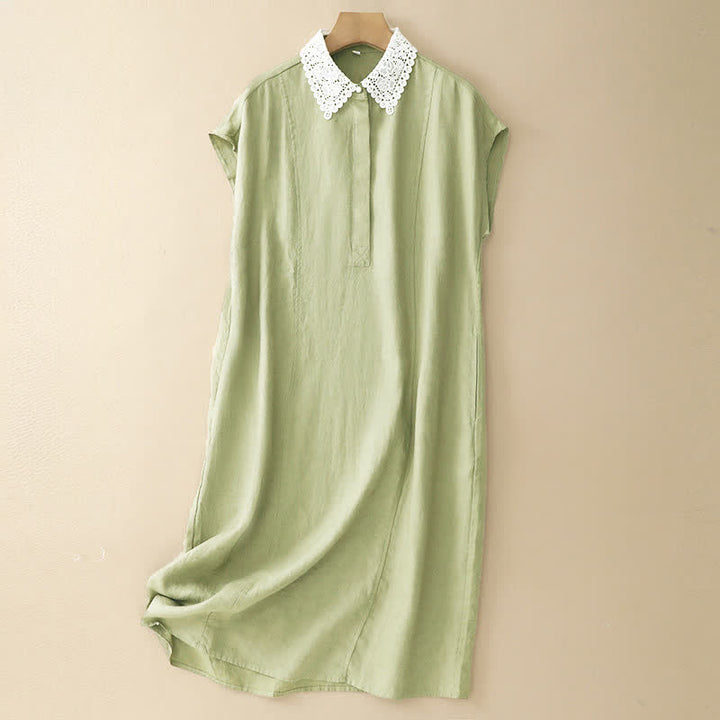 Buddha Stones Summer Hollow Lace Design Lapel Sleeveless Cotton Midi Dress With Pockets - YellowGreen - US14，UK/AU18，EU46 (2XL) - image 18