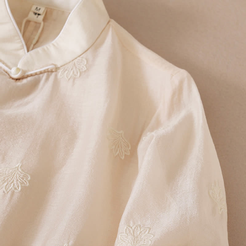 Buddha Stones Embroidery Flower Frog-Button Stand Collar Side Slit Half Sleeve Maxi Dress - image 6