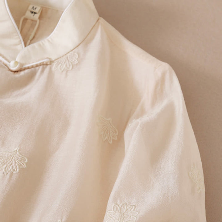 Buddha Stones Embroidery Flower Frog-Button Stand Collar Side Slit Half Sleeve Maxi Dress - image 6