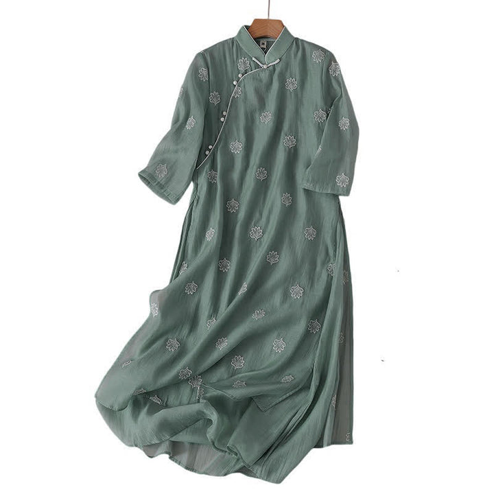 Buddha Stones Embroidery Flower Frog-Button Stand Collar Side Slit Half Sleeve Maxi Dress - image 1