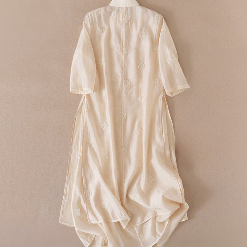 Buddha Stones Embroidery Flower Frog-Button Stand Collar Side Slit Half Sleeve Maxi Dress - image 3