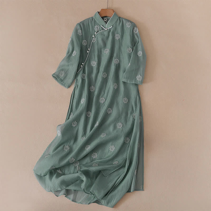 Buddha Stones Embroidery Flower Frog-Button Stand Collar Side Slit Half Sleeve Maxi Dress - SeaGreen - US8-10，UK/AU12-14，EU40-42 (2XL) - image 0