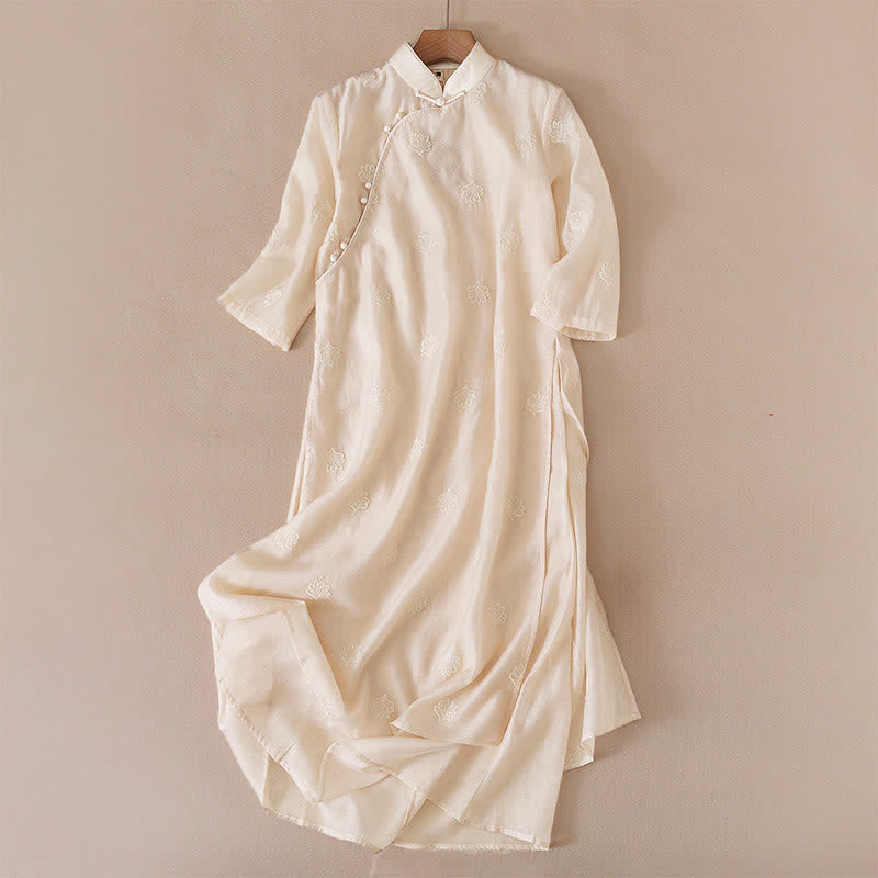 Buddha Stones Embroidery Flower Frog-Button Stand Collar Side Slit Half Sleeve Maxi Dress - PapayaWhip - US8-10，UK/AU12-14，EU40-42 (2XL) - image 2