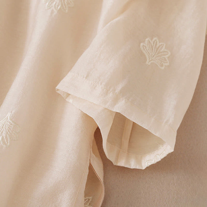 Buddha Stones Embroidery Flower Frog-Button Stand Collar Side Slit Half Sleeve Maxi Dress - image 9