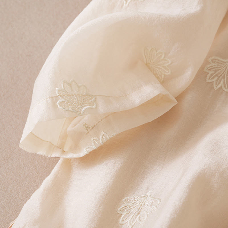 Buddha Stones Embroidery Flower Frog-Button Stand Collar Side Slit Half Sleeve Maxi Dress - image 8