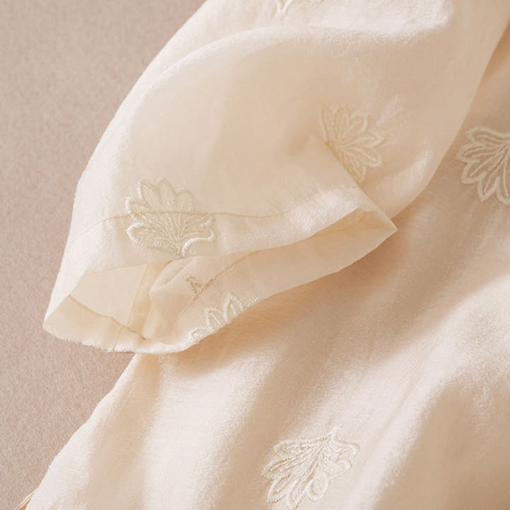 Buddha Stones Embroidery Flower Frog-Button Stand Collar Side Slit Half Sleeve Maxi Dress - image 8