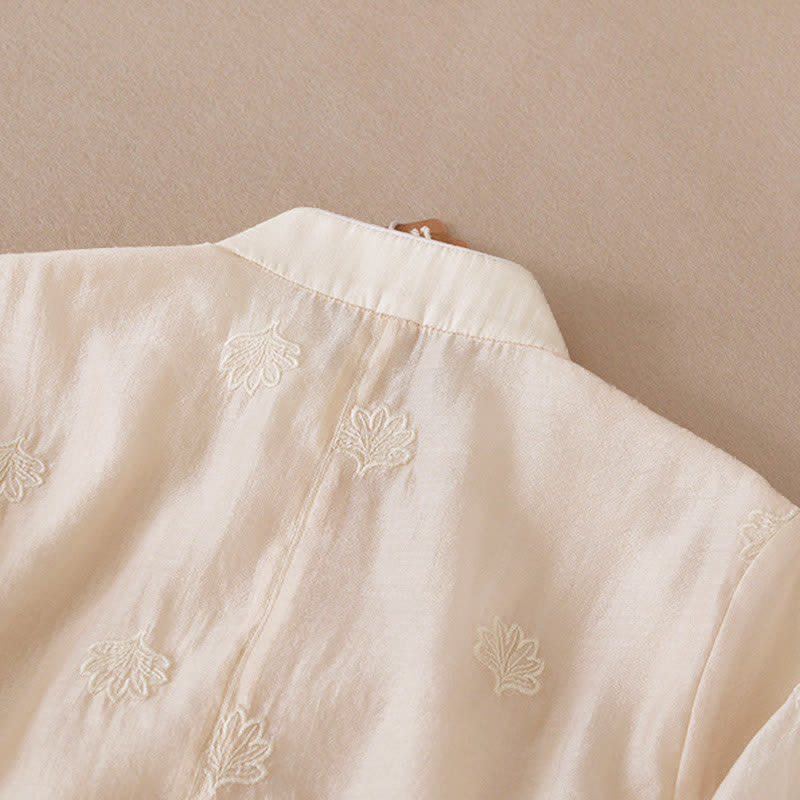 Buddha Stones Embroidery Flower Frog-Button Stand Collar Side Slit Half Sleeve Maxi Dress - image 5