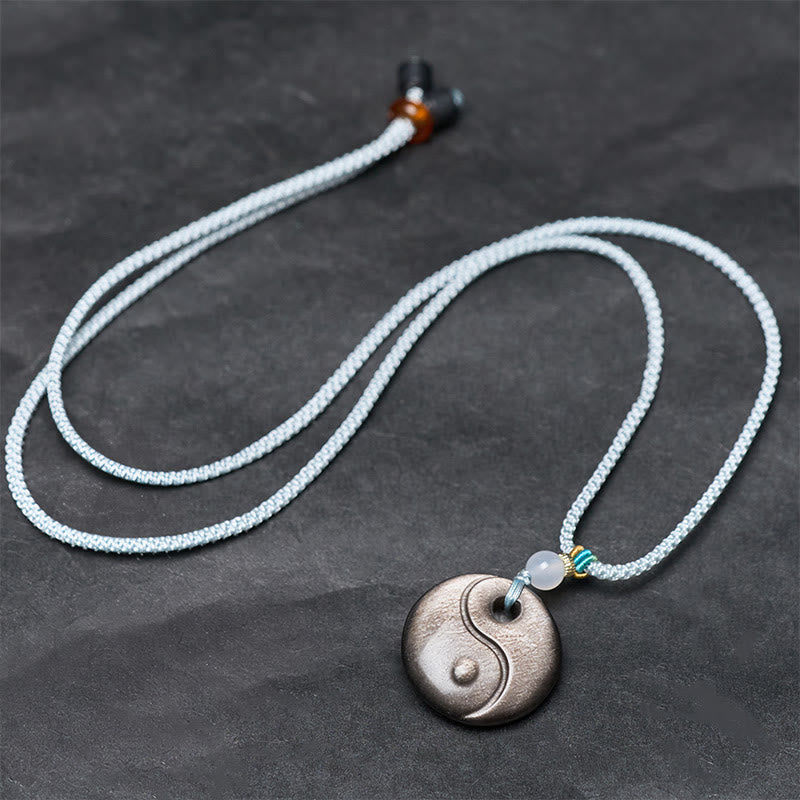 Buddha Stones Silver Sheen Obsidian Yin Yang Symbol Protection Necklace Pendant - image 3