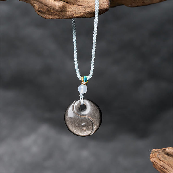 Buddha Stones Silver Sheen Obsidian Yin Yang Symbol Protection Necklace Pendant - image 2