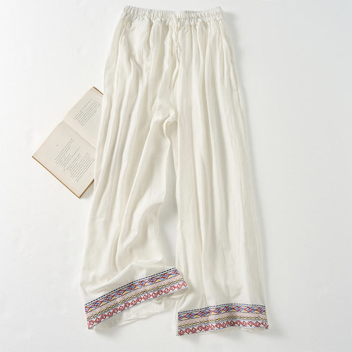 Buddha Stones Plain Bohemian Stripes Women's Wide Leg Pants With Pockets - White - US12，UK/AU16，EU44 (XL) - image 15