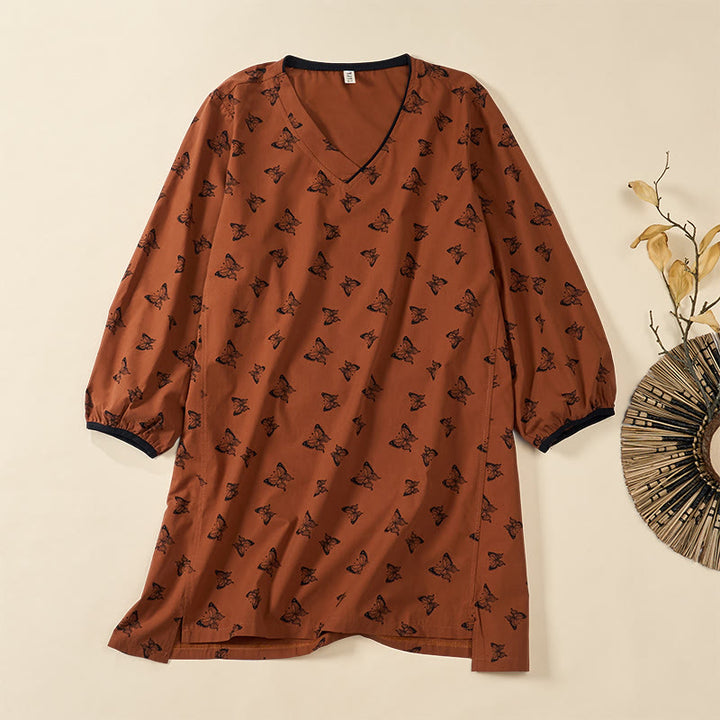 Buddha Stones Butterfly Pattern V-Neck Long Sleeve Women's Polyester Shirt  - Sienna - US12，UK/AU16，EU44 (2XL) - image 0