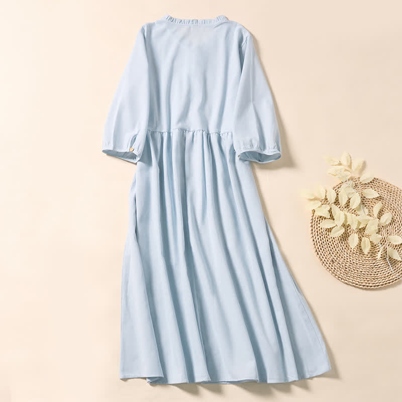 Buddha Stones Summer Commute Pleated Design Buttons Short Sleeve Cotton Midi Dress - image 1