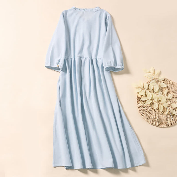 Buddha Stones Summer Commute Pleated Design Buttons Short Sleeve Cotton Midi Dress - image 1