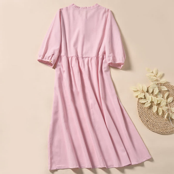 Buddha Stones Summer Commute Pleated Design Buttons Short Sleeve Cotton Midi Dress - image 7