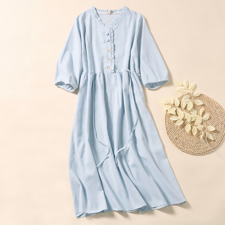 Buddha Stones Summer Commute Pleated Design Buttons Short Sleeve Cotton Midi Dress - PowderBlue - US8-10，UK/AU12-14，EU40-42 (2XL) - image 0