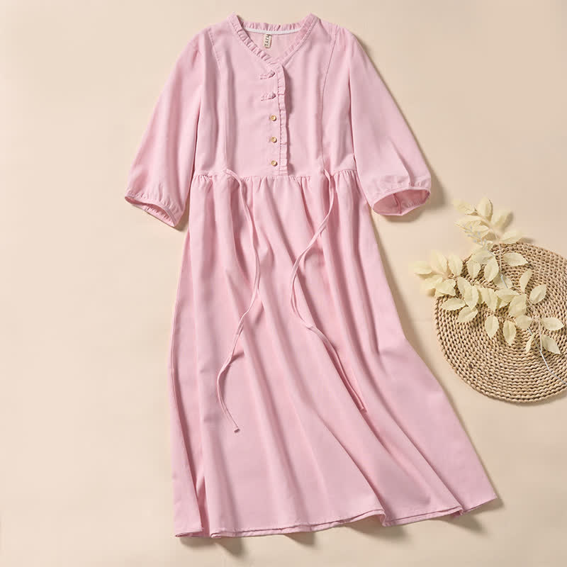 Buddha Stones Summer Commute Pleated Design Buttons Short Sleeve Cotton Midi Dress - LightPink - US8-10，UK/AU12-14，EU40-42 (2XL) - image 6