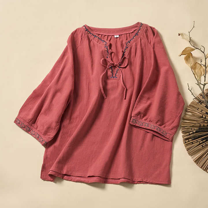 Buddha Stones Summer V-Neck Embroidery Lines Lace-up Cotton Women's Half Sleeve Shirt - Salmon - US12，UK/AU16，EU44 (3XL) - image 5