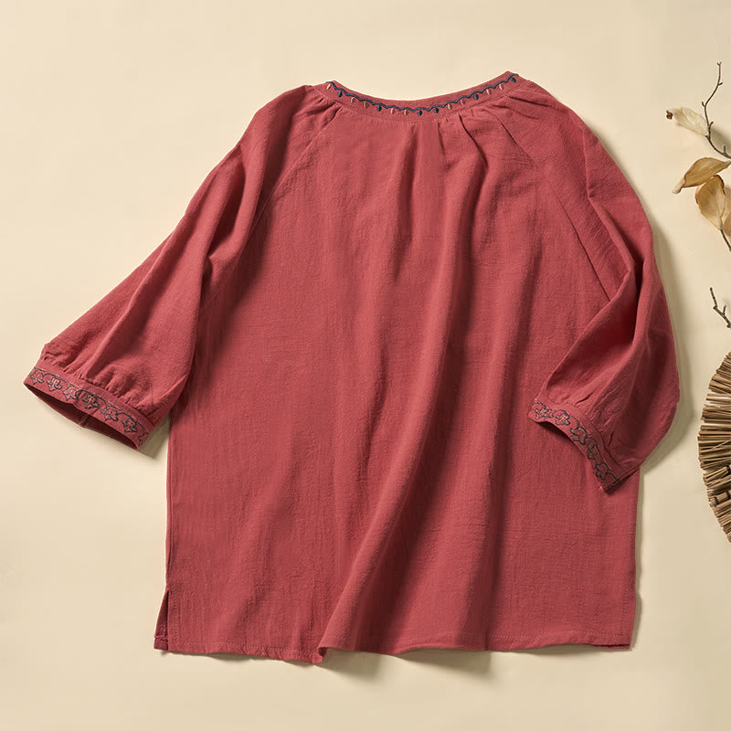 Buddha Stones Summer V-Neck Embroidery Lines Lace-up Cotton Women's Half Sleeve Shirt - image 6