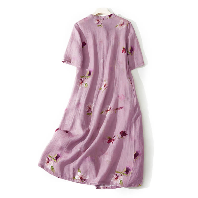 Buddha Stones Summer Orchid Floral Stand Collar Design Short Sleeve Midi Dress With Pockets - image 1