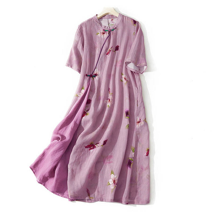 Buddha Stones Summer Orchid Floral Stand Collar Design Short Sleeve Midi Dress With Pockets - PaleVioletRed - US12，UK/AU16，EU44 (3XL) - image 0