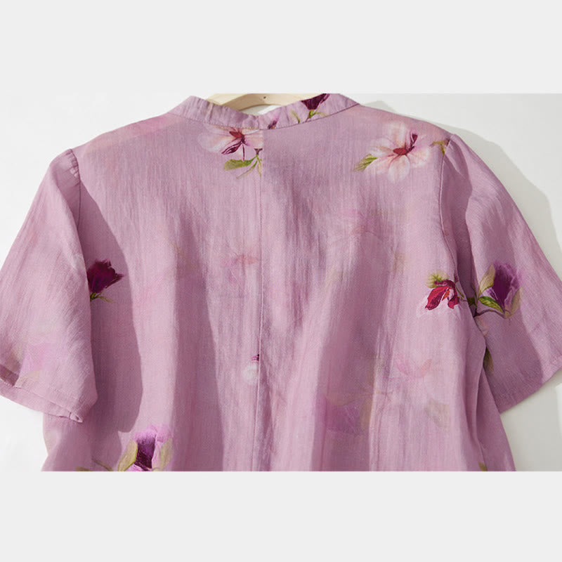 Buddha Stones Summer Orchid Floral Stand Collar Design Short Sleeve Midi Dress With Pockets - image 8