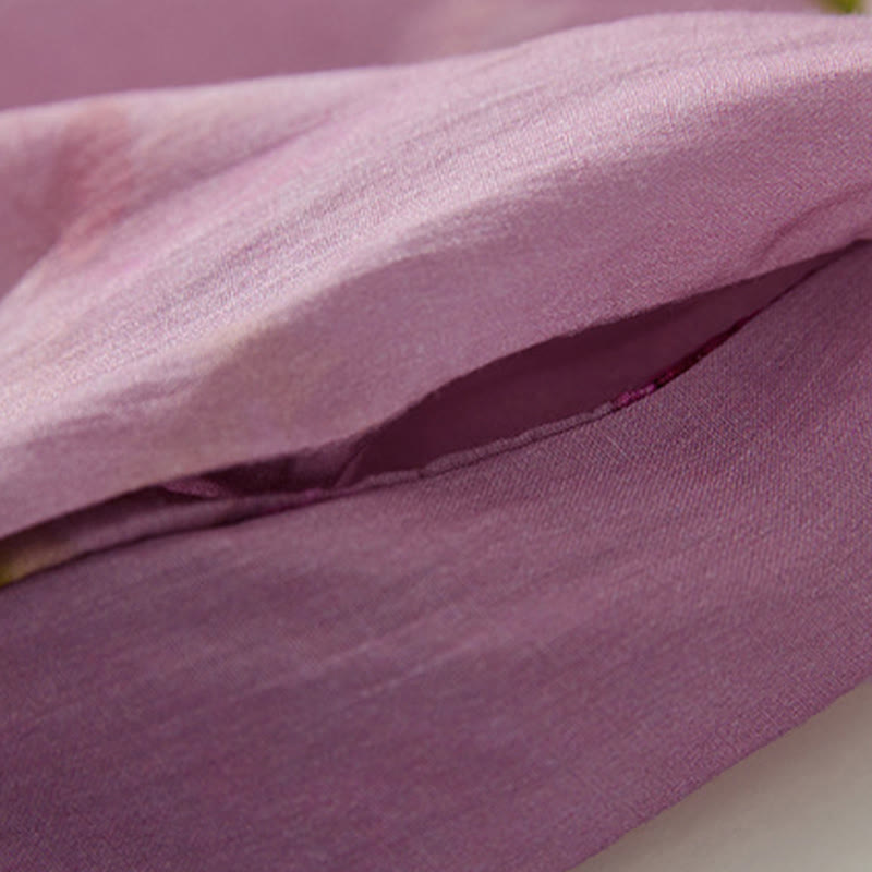 Buddha Stones Summer Orchid Floral Stand Collar Design Short Sleeve Midi Dress With Pockets - image 9