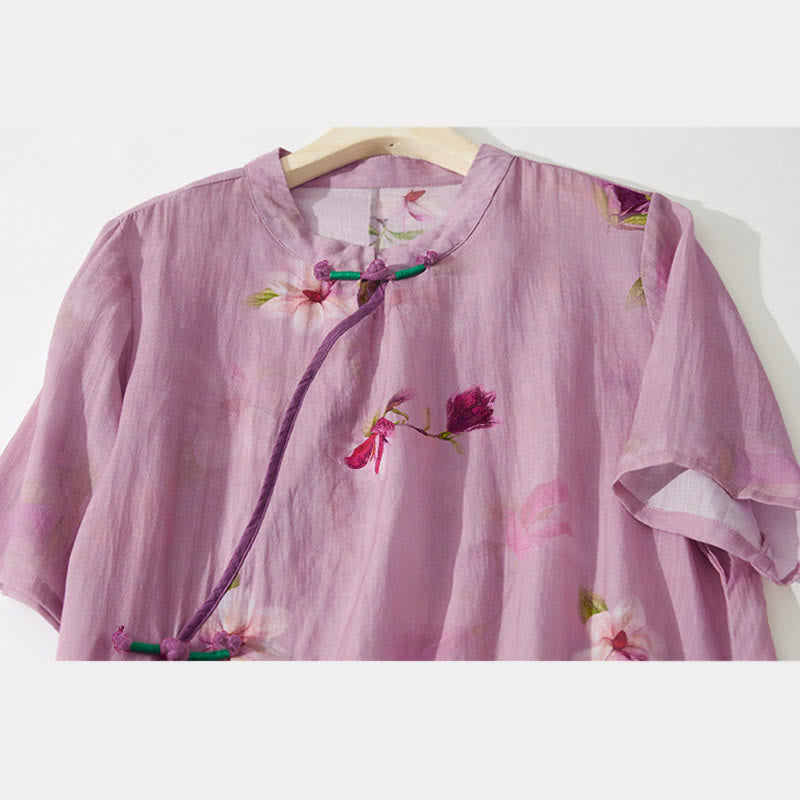 Buddha Stones Summer Orchid Floral Stand Collar Design Short Sleeve Midi Dress With Pockets - image 7