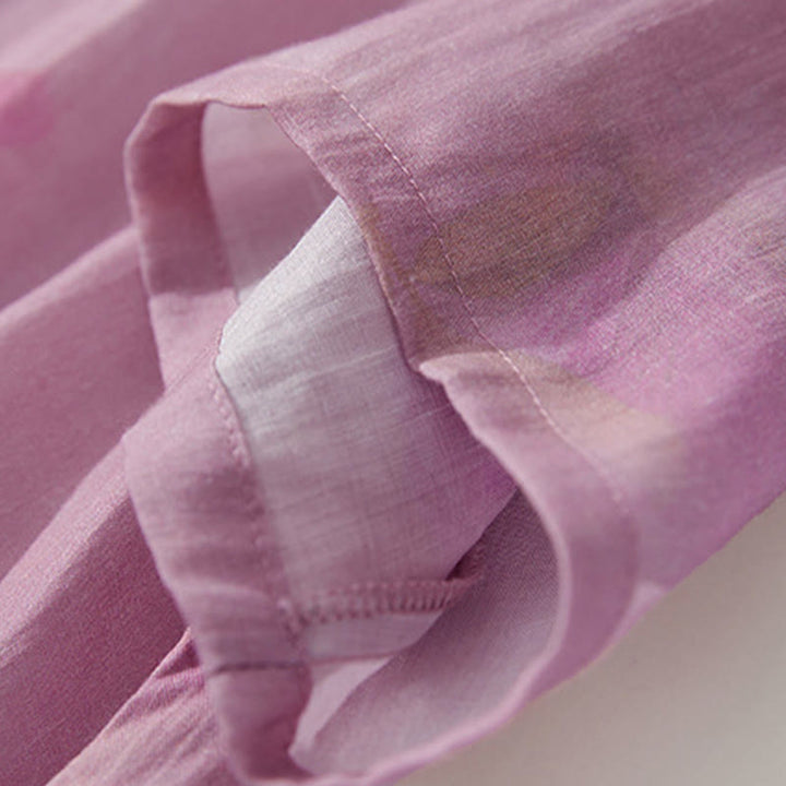 Buddha Stones Summer Orchid Floral Stand Collar Design Short Sleeve Midi Dress With Pockets - image 10