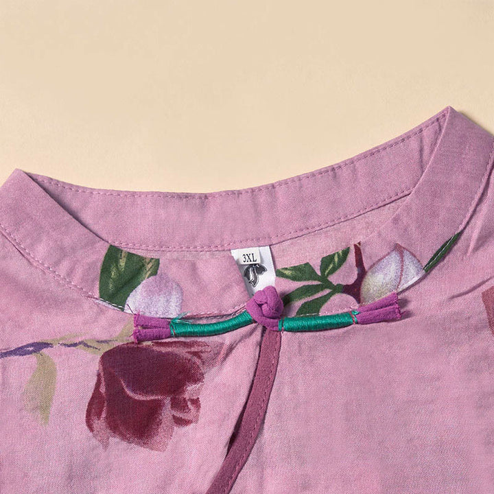 Buddha Stones Summer Orchid Floral Stand Collar Design Short Sleeve Midi Dress With Pockets - image 2