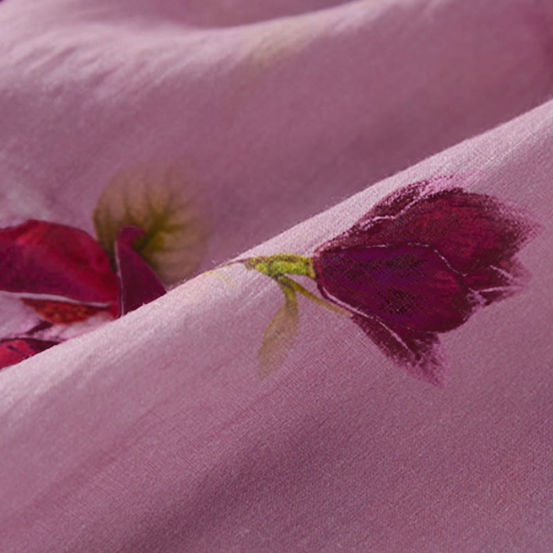 Buddha Stones Summer Orchid Floral Stand Collar Design Short Sleeve Midi Dress With Pockets - image 5