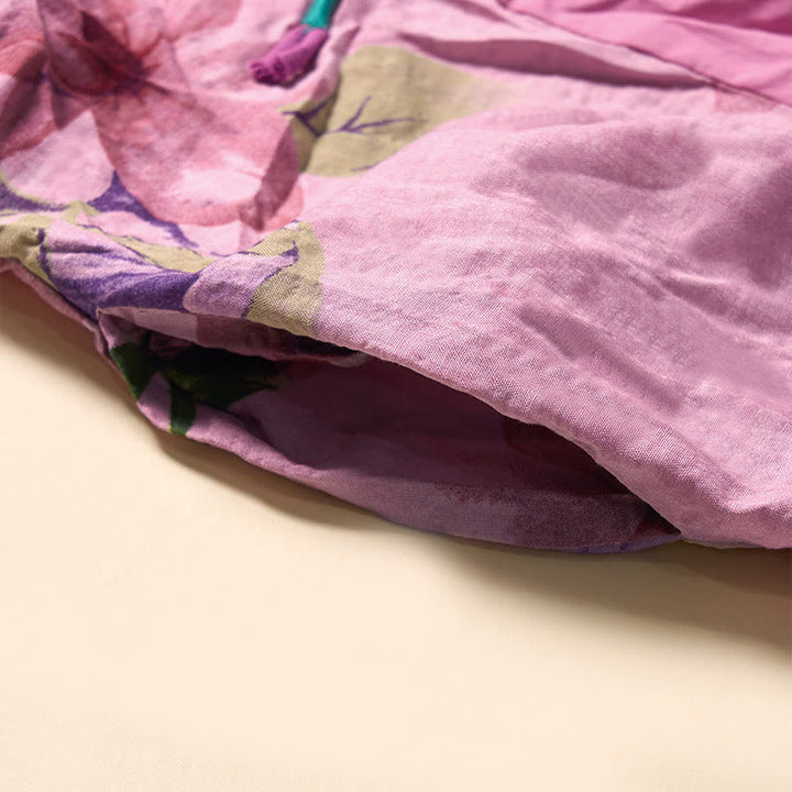 Buddha Stones Summer Orchid Floral Stand Collar Design Short Sleeve Midi Dress With Pockets - image 3