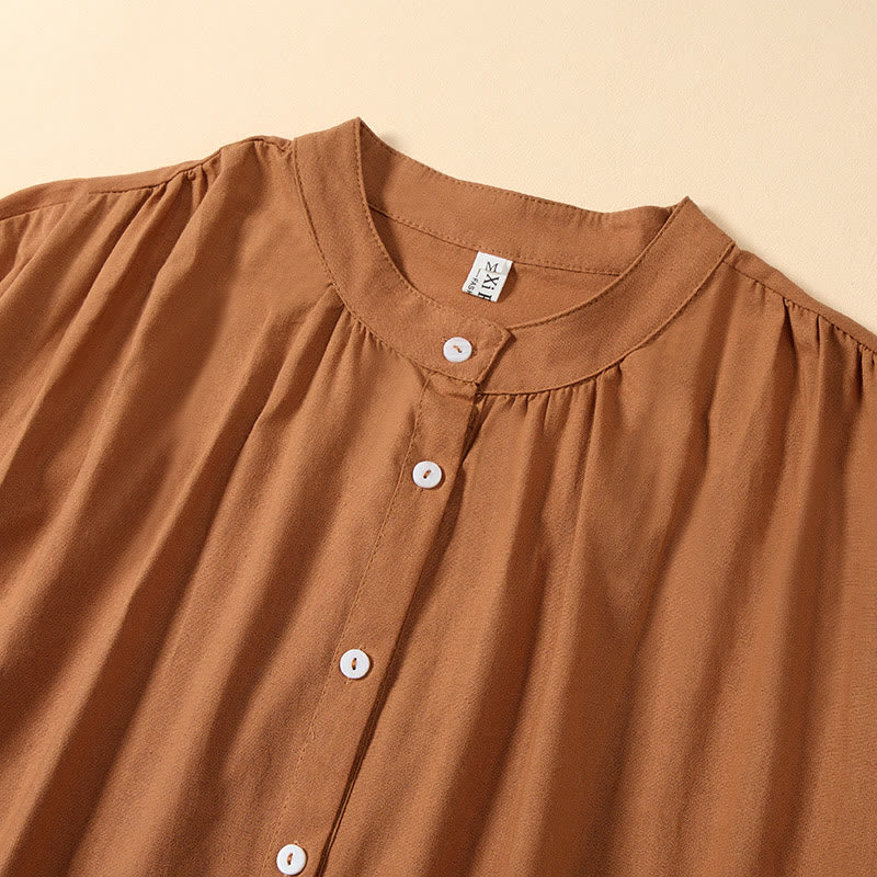 Buddha Stones Summer Solid Color Stand Collar A-line Design Short Sleeve Midi Dress - image 2