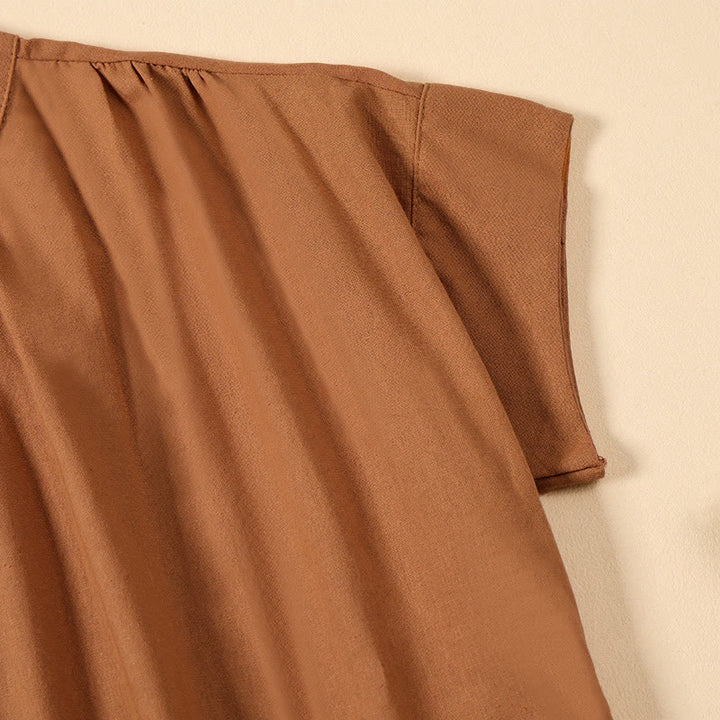 Buddha Stones Summer Solid Color Stand Collar A-line Design Short Sleeve Midi Dress - image 4