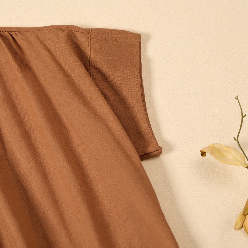 Buddha Stones Summer Solid Color Stand Collar A-line Design Short Sleeve Midi Dress - image 5