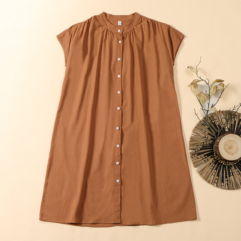 Buddha Stones Summer Solid Color Stand Collar A-line Design Short Sleeve Midi Dress - SandyBrown - US12，UK/AU16，EU44 (2XL) - image 0