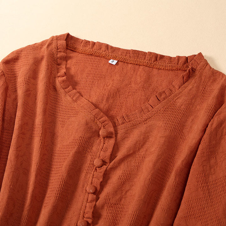 Buddha Stones Summer V-Neck Floral Embroidery Design Short Sleeve Cotton Midi Dress With Pockets - image 2