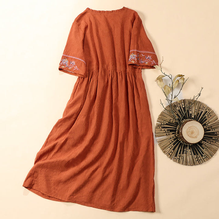 Buddha Stones Summer V-Neck Floral Embroidery Design Short Sleeve Cotton Midi Dress With Pockets - image 1