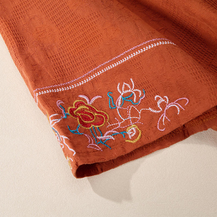 Buddha Stones Summer V-Neck Floral Embroidery Design Short Sleeve Cotton Midi Dress With Pockets - image 6