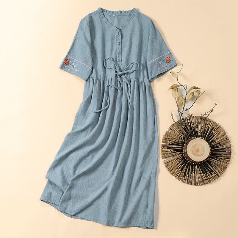 Buddha Stones Summer V-Neck Floral Embroidery Design Short Sleeve Cotton Midi Dress With Pockets - LightBlue - US8-10，UK/AU12-14，EU40-42 (2XL) - image 9