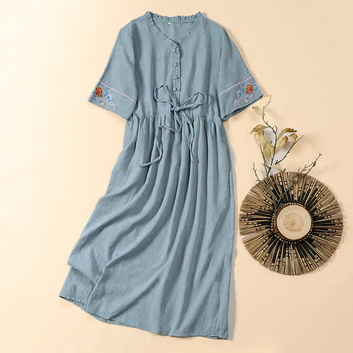 Buddha Stones Summer V-Neck Floral Embroidery Design Short Sleeve Cotton Midi Dress With Pockets - LightBlue - US8-10，UK/AU12-14，EU40-42 (2XL) - image 9