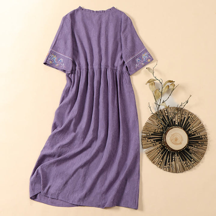 Buddha Stones Summer V-Neck Floral Embroidery Design Short Sleeve Cotton Midi Dress With Pockets - image 12