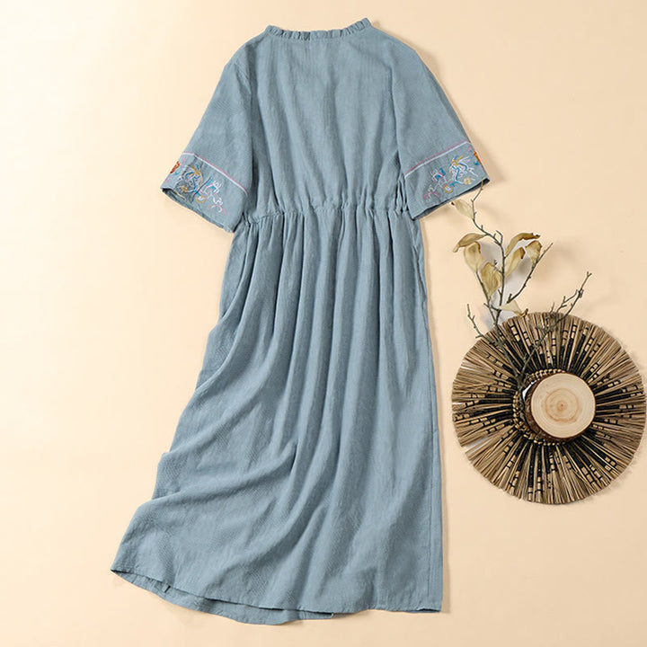 Buddha Stones Summer V-Neck Floral Embroidery Design Short Sleeve Cotton Midi Dress With Pockets - image 10