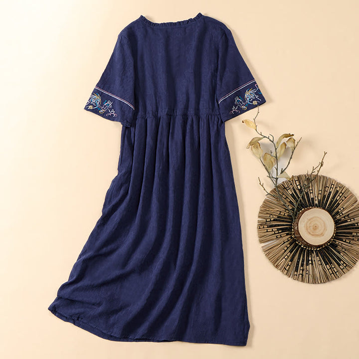 Buddha Stones Summer V-Neck Floral Embroidery Design Short Sleeve Cotton Midi Dress With Pockets - image 8