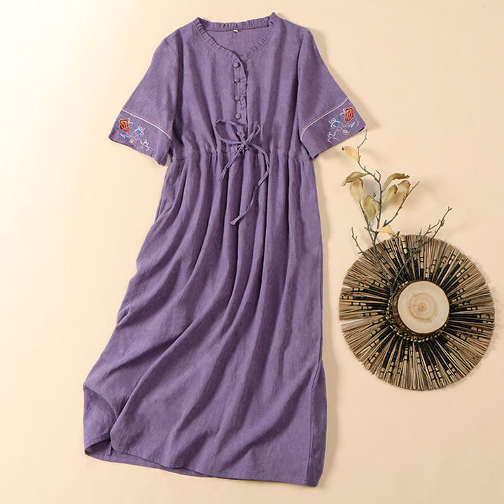 Buddha Stones Summer V-Neck Floral Embroidery Design Short Sleeve Cotton Midi Dress With Pockets - Plum - US8-10，UK/AU12-14，EU40-42 (2XL) - image 11