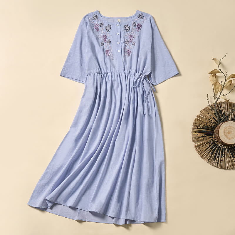 Buddha Stones Summer Grape Vine Embroidery Lace-up Design Short Sleeve Midi Dress With Pockets - LightBlue - US8-10，UK/AU12-14，EU40-42 (2XL) - image 0